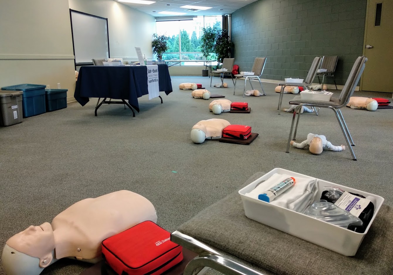 First aid training classroom with physical distancing layout