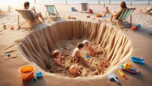 Young children play in a beach sand hole. Parents sit close by in beach chairs. Colourful toys are scattered around.