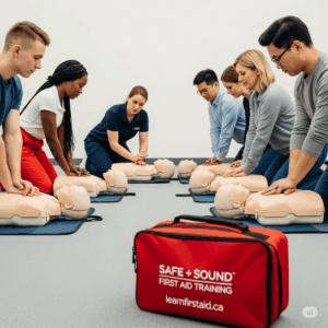 Students in a first aid and CPR class, practising CPR using child manikins. In the foreground is a red first aid kit bag with the words Safe + Sound First Aid Training learnfirstaid.ca