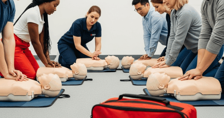 Students in a first aid and CPR class, practising CPR using child manikins. In the foreground is a red first aid kit bag with the words Safe + Sound First Aid Training learnfirstaid.ca