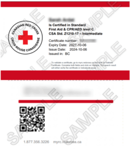 Sample of a Canadian Red Cross Standard First Aid CPR C certificate
