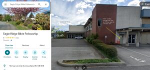 A Google image showing Eagle Ridge Bible Fellowship, Coquitlam, with yellow direction arrows.