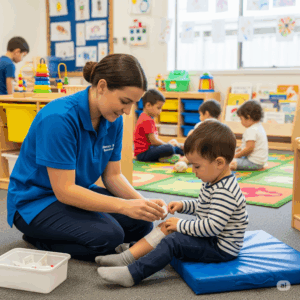 A child care worker applies a bandage to a child in a daycare. There are children playing in the background.