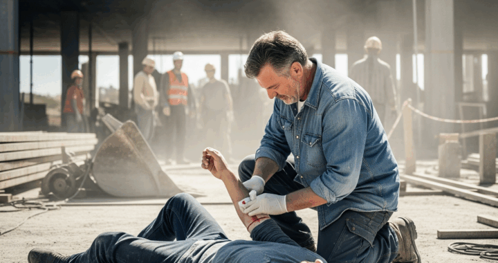 A middle aged construction worker applying a bandage to a co-worker who is lying on the ground at a construction site. Other workers are in the background.
