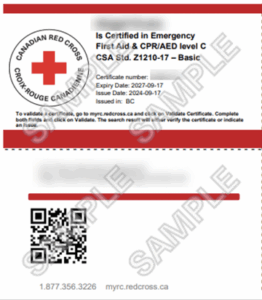 Red Cross Emergency First Aid certificate