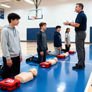 A high school gymnasium with students learning CPR. Each student is kneeling next to an AED in a red case and a CPR manikin. A physical education teacher stands facing the group giving instructions.