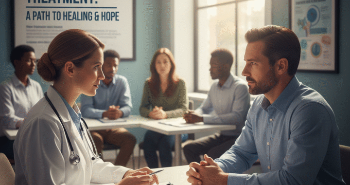 A man sits at a table in discussion with a doctor dressed in a white lab coat. In the background is a sign that reads, "Opioid addiction treatment."