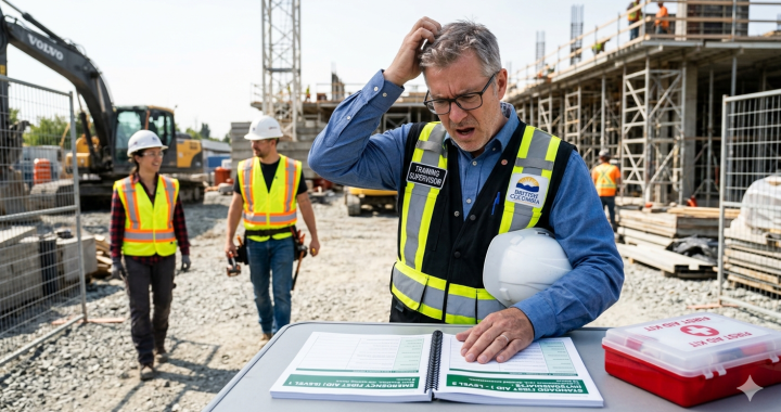 A supervisor on a construction site looking confused about the difference between Emergency and Standard First Aid course information.
