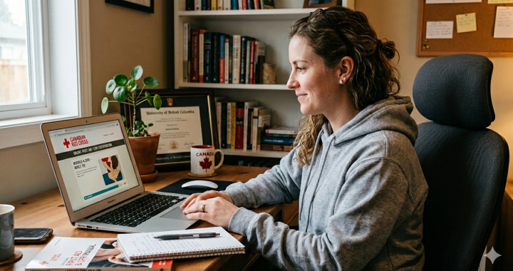 A woman sitting at a desk doing an online Red Cross first aid course.