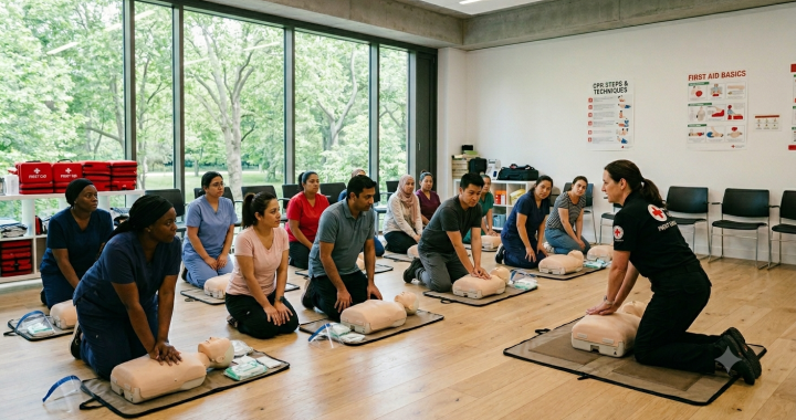 In a spacious classroom with large windows and view of trees, child care workers from a variety of cultures perform cpr in a first aid classroom. The instructor is wearing a t-shirt with a Red Cross logo The child care workers are kneeling on the floor with a CPR manikin looking at the instructor as she demonstrates CPR.