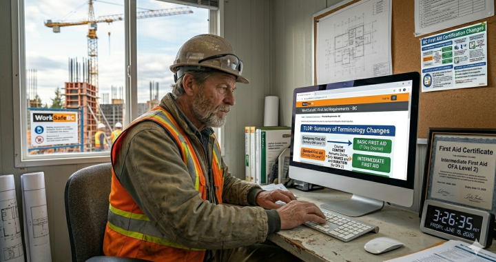 A construction site supervisor in his office searching online for information about first aid training. His office overlooks a construction site.
