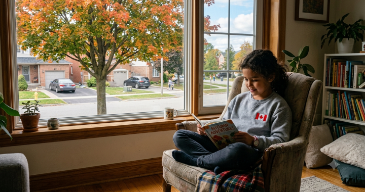 A child sitting reading a book in a chair by the window in a Canadian neighbourhood. A maple tree stands outside the window.