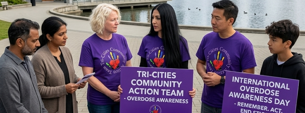 A wide-angle, eye-level photograph captures six people gathered in an outdoor pavilion setting. The group is diverse and appears to be having a discussion. Four members of the group, which includes two women with dark hair, one Asian man, and a young person, are wearing purple t-shirts and two are holding signs. A sign held by two of the group members reads, "Tri-Cities Community Action Team - Overdose Awareness" in white font against a purple background. A second sign, held by the young person, states, "International Overdose Awareness Day - Remember. Act. End Stigma." in the same purple background and white lettering. Also included is a white text to the left side that reads, "Tri-Cities Community Action Team." The two remaining people are not in uniform, and are wearing more casual attire. To the lower half of the photograph is a purple table that holds pamphlets, four framed pictures of youth, and four candles of varying heights. A building, city skyline, and body of water form the background, and there are some green, healthy-looking trees.