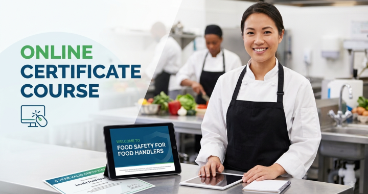 Female food handler smiling in a commercial kitchen setting next to a tablet displaying an online food safety course and a Level 1 certificate.