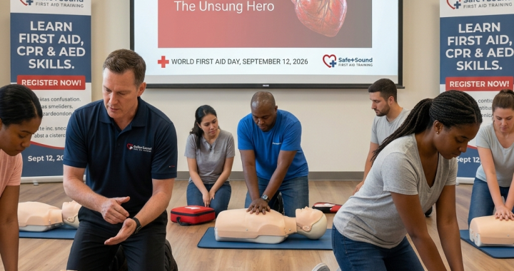 A Safe + Sound First Aid Training instructor and a group of students practicing CPR and AED skills with manikins. A background presentation slide shows the human heart and the title "THE HEART: The Unsung Hero".