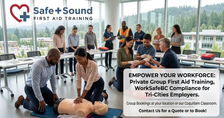 Diverse employees in a first aid class, with text overlay detail for Safe + Sound First Aid Training offering Private Group WorkSafeBC Compliance courses for Tri-Cities employers, on-site or in a Coquitlam classroom.