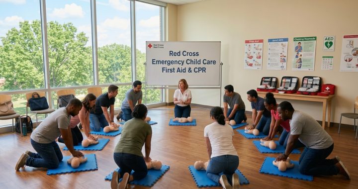 Students and an instructor kneeling in a sunlit classroom practicing infant CPR on manikins, in front of a whiteboard reading "Red Cross Emergency Child Care First Aid & CPR.